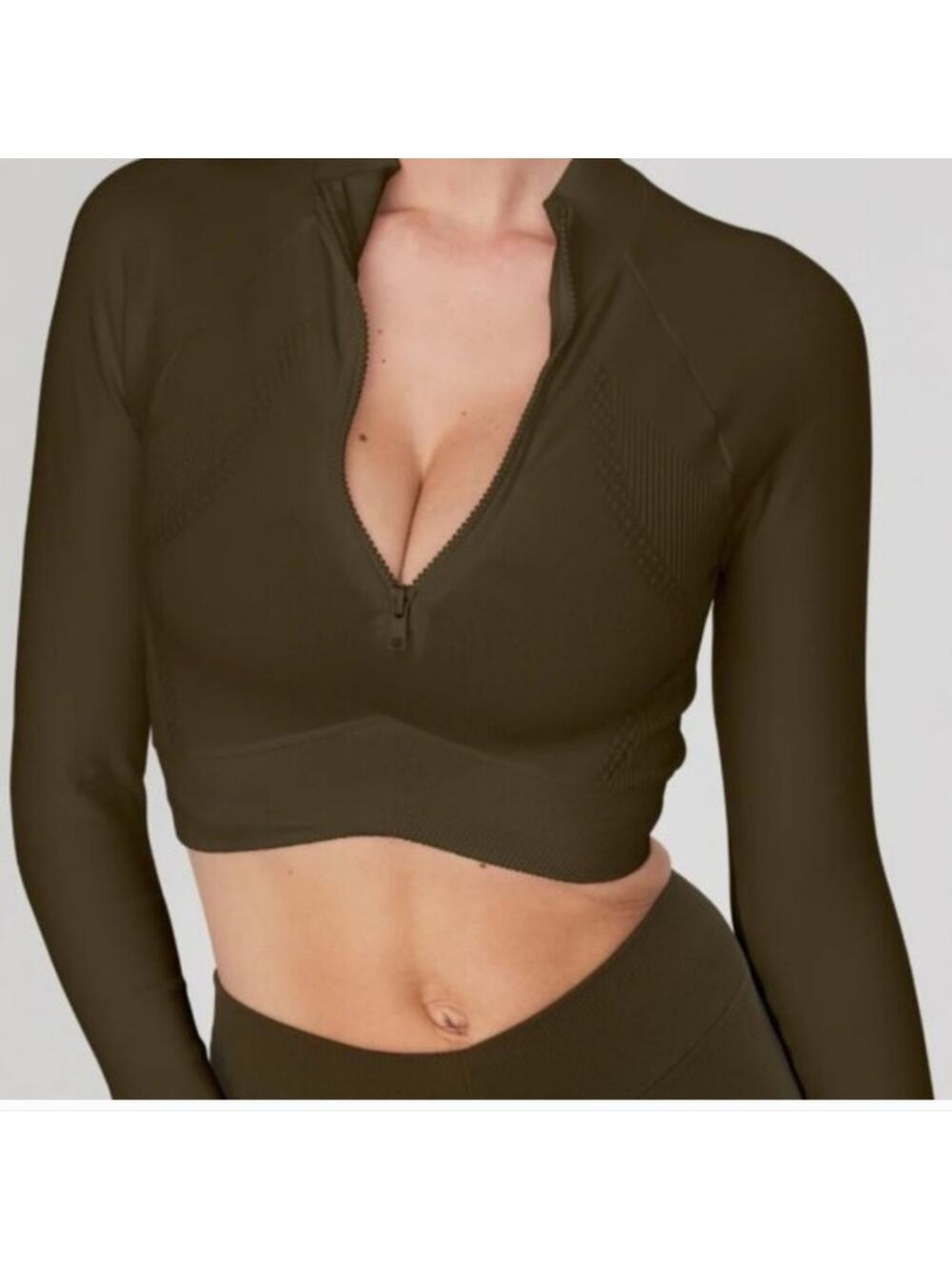 Joja NEW Exhale Long Sleeve Ribbed Crop Zipper Mockneck Athletic Top Army Green